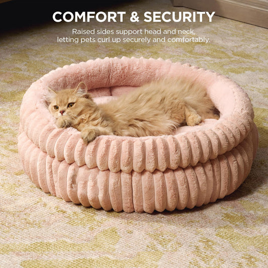 Plush Round Bed for Cats & Dogs — Cat curled up in the pink bed
