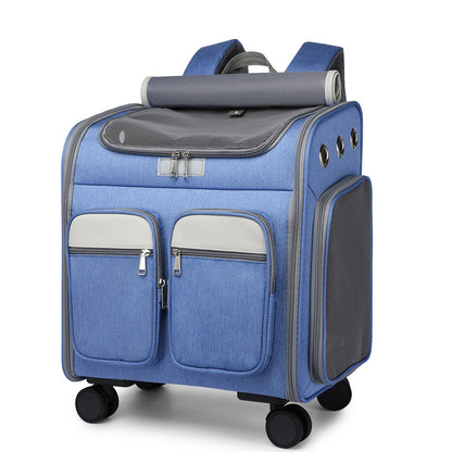 Deluxe Pet Travel Trolley Bag – Foldable Wheeled Carrier for Cats & Small Dogs | Breathable Oxford Fabric, Silent Wheels & Spacious Design (Blue/Grey/Khaki)