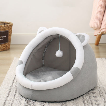 Cozy Cat Ear Pet Bed – Four Seasons Enclosed Cat House for Small Pets | Soft Plush Winter & Summer Pet Cave with Cushion (S/M/L)