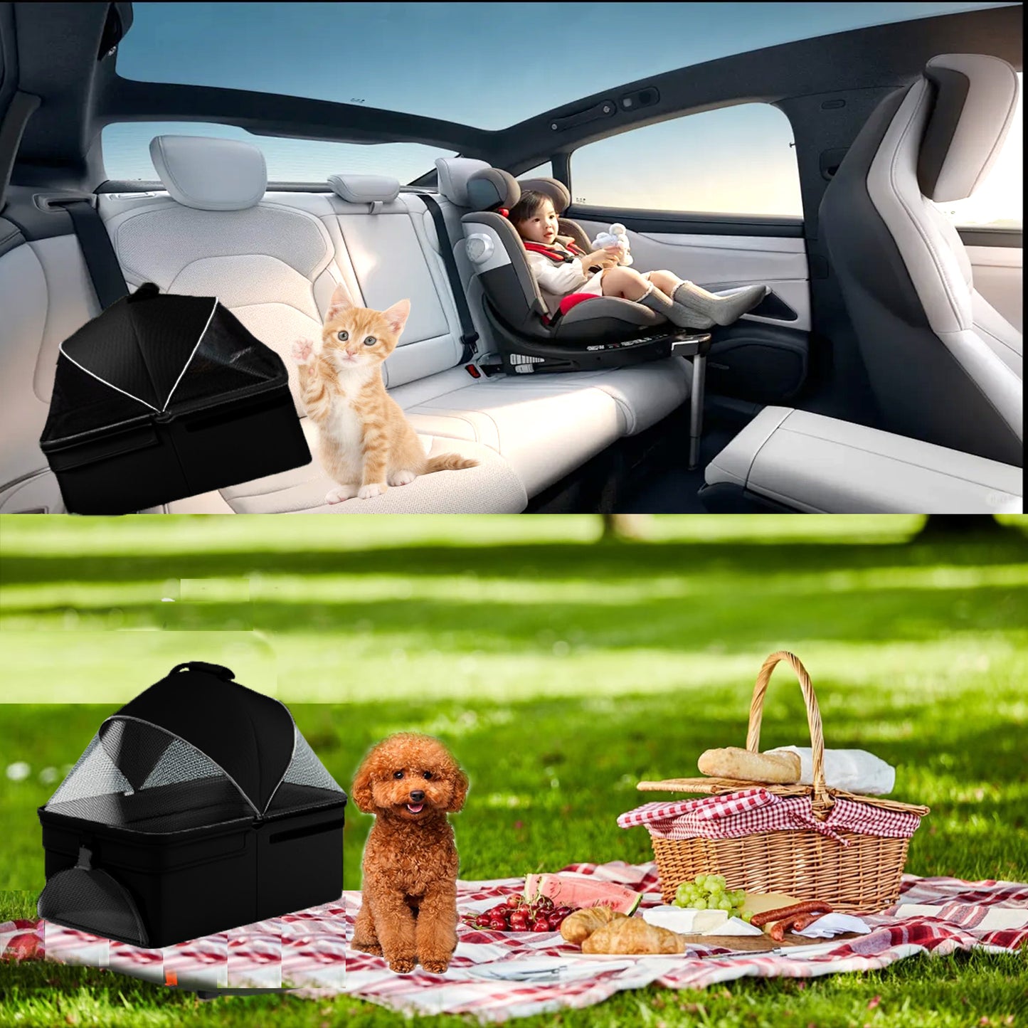3-in-1 Foldable Pet Stroller & Travel Carrier – Portable Cat & Dog Car Seat with Waterproof Cushion, Sunshade & Brake System (Up to 33 lbs)