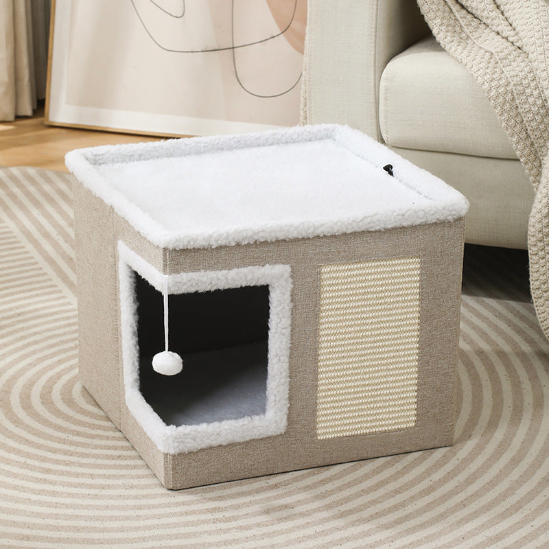 3-in-1 Foldable Pet Bed, Stool & Hideaway – Cozy Cat & Dog House with Scratch Pad and Toy Ball | Multifunctional Indoor Furniture Design (41×41×35cm)