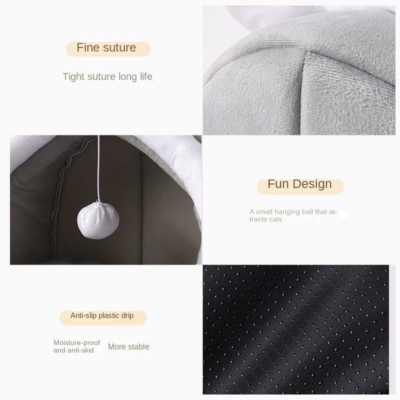 Cozy Cat Ear Pet Bed – Four Seasons Enclosed Cat House for Small Pets | Soft Plush Winter & Summer Pet Cave with Cushion (S/M/L)