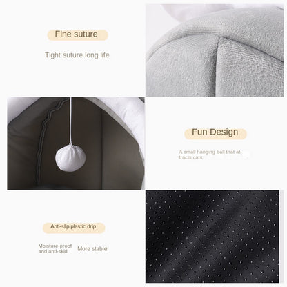 Cozy Cat Ear Pet Bed – Four Seasons Enclosed Cat House for Small Pets | Soft Plush Winter & Summer Pet Cave with Cushion (S/M/L)