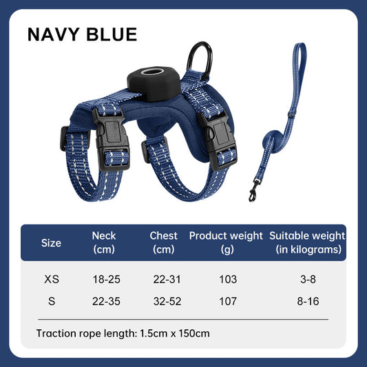 Navy blue reflective cat harness with tracker holder, matching leash and size chart