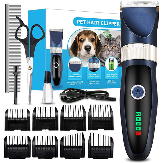 Professional Pet Hair Clipper – Rechargeable Electric Grooming Kit for Dogs, Cats & Rabbits | Quiet Trimmer with 8 Combs & Precision Blades (15W)