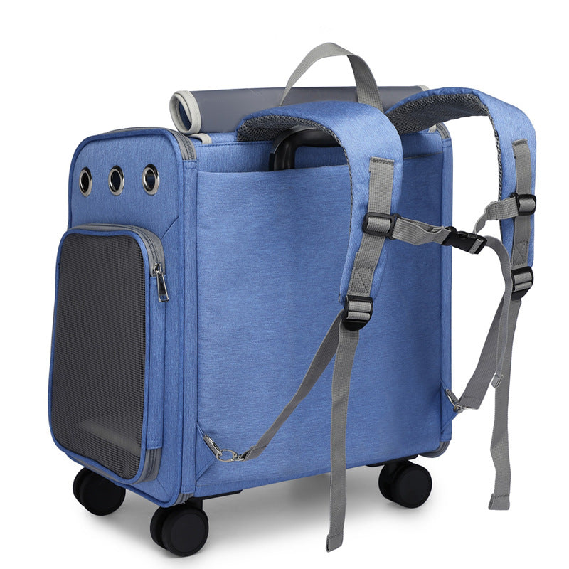 Deluxe Pet Travel Trolley Bag – Foldable Wheeled Carrier for Cats & Small Dogs | Breathable Oxford Fabric, Silent Wheels & Spacious Design (Blue/Grey/Khaki)