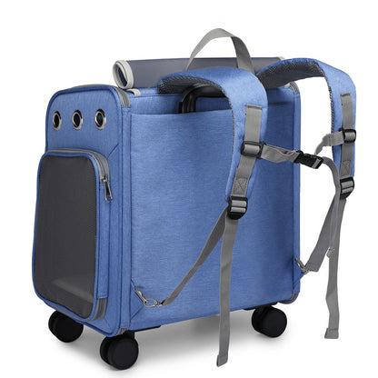 Deluxe Pet Travel Trolley Bag – Foldable Wheeled Carrier for Cats & Small Dogs | Breathable Oxford Fabric, Silent Wheels & Spacious Design (Blue/Grey/Khaki)