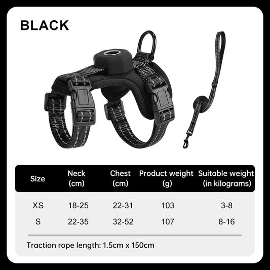 Black reflective cat harness with tracker holder, matching leash and size chart
