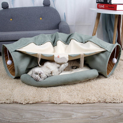 Foldable Cat Tunnel Bed with Cozy Mat – 2-in-1 Play Tunnel & Sleeping Nest for Cats and Kittens, Non-Slip Bottom
