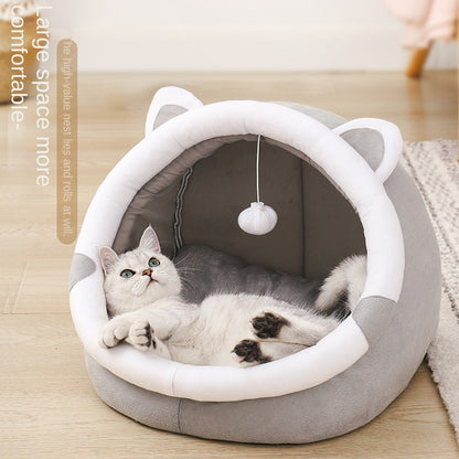 Cozy Cat Ear Pet Bed – Four Seasons Enclosed Cat House for Small Pets | Soft Plush Winter & Summer Pet Cave with Cushion (S/M/L)