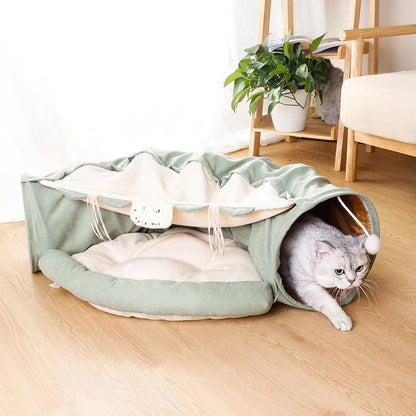 Foldable Cat Tunnel Bed with Cozy Mat – 2-in-1 Play Tunnel & Sleeping Nest for Cats and Kittens, Non-Slip Bottom