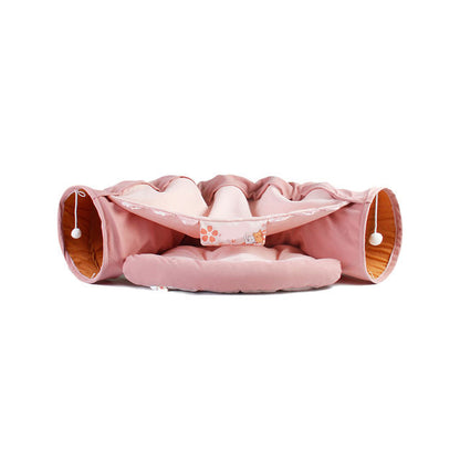Foldable Cat Tunnel Bed with Cozy Mat – 2-in-1 Play Tunnel & Sleeping Nest for Cats and Kittens, Non-Slip Bottom