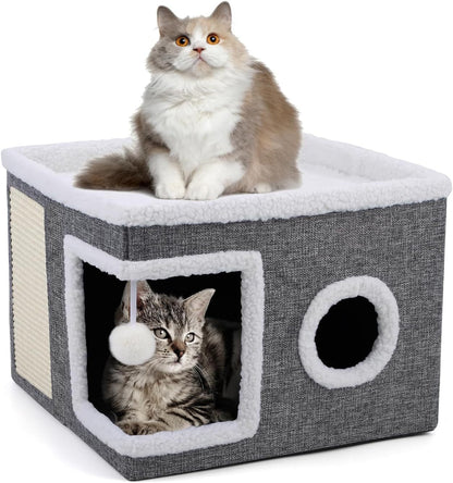 3-in-1 Foldable Pet Bed, Stool & Hideaway – Cozy Cat & Dog House with Scratch Pad and Toy Ball | Multifunctional Indoor Furniture Design (41×41×35cm)