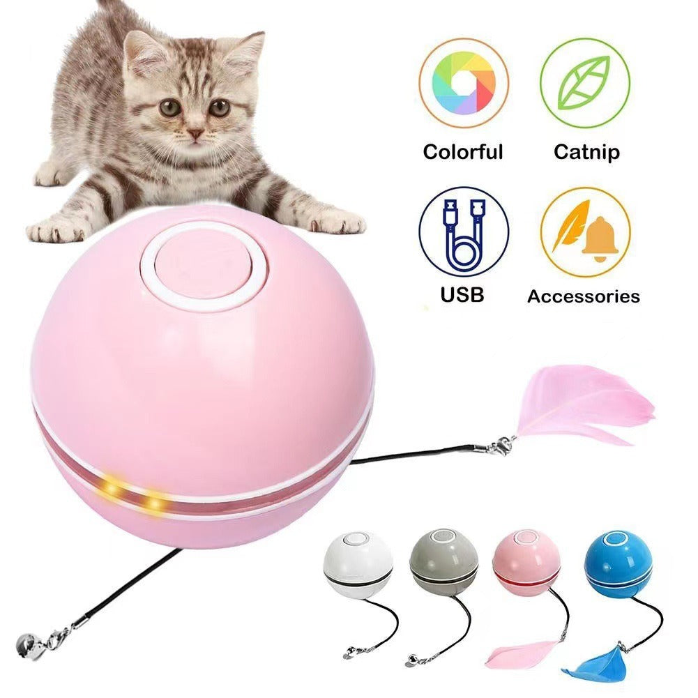 Automatic Smart Cat Toy Ball – USB Rechargeable Interactive Rolling Ball with Feather & LED Light | Motion Sensor Pet Toy for Cats & Dogs