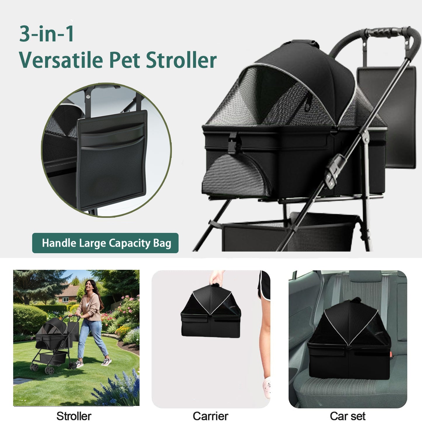 3-in-1 Foldable Pet Stroller & Travel Carrier – Portable Cat & Dog Car Seat with Waterproof Cushion, Sunshade & Brake System (Up to 33 lbs)