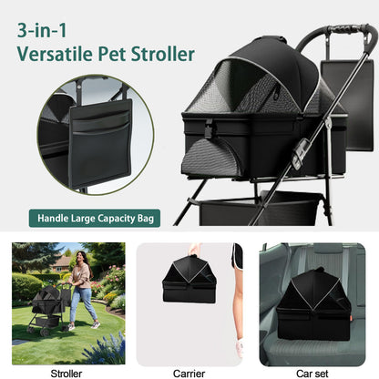 3-in-1 Foldable Pet Stroller & Travel Carrier – Portable Cat & Dog Car Seat with Waterproof Cushion, Sunshade & Brake System (Up to 33 lbs)