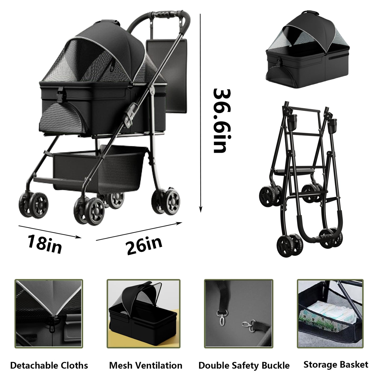 3-in-1 Foldable Pet Stroller & Travel Carrier – Portable Cat & Dog Car Seat with Waterproof Cushion, Sunshade & Brake System (Up to 33 lbs)