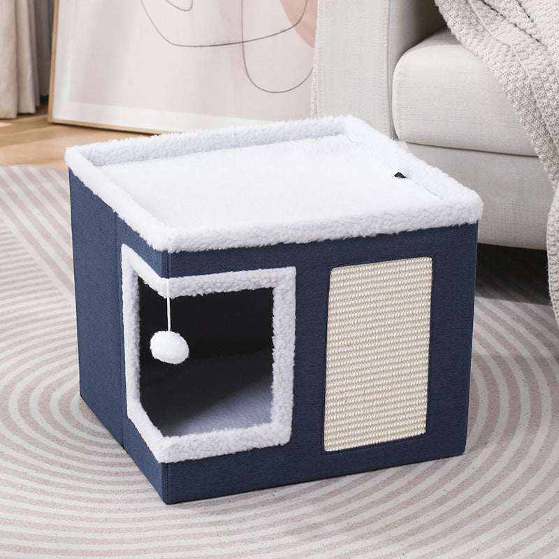 3-in-1 Foldable Pet Bed, Stool & Hideaway – Cozy Cat & Dog House with Scratch Pad and Toy Ball | Multifunctional Indoor Furniture Design (41×41×35cm)