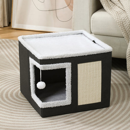 3-in-1 Foldable Pet Bed, Stool & Hideaway – Cozy Cat & Dog House with Scratch Pad and Toy Ball | Multifunctional Indoor Furniture Design (41×41×35cm)