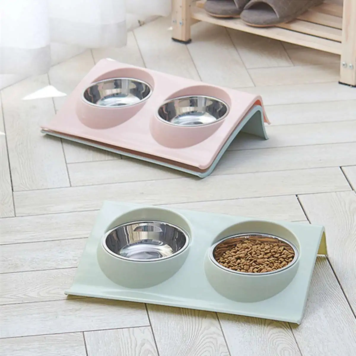 Elevated Double Pet Bowl – Non-Spill Stainless Steel Feeding Station for Cats & Dogs (Pink / Blue / Green)