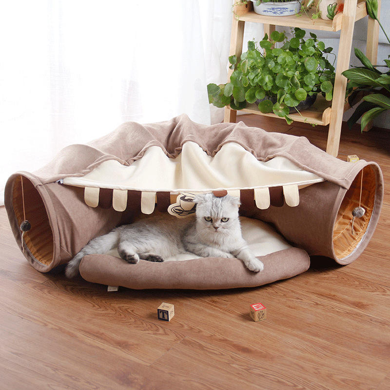 Foldable Cat Tunnel Bed with Cozy Mat – 2-in-1 Play Tunnel & Sleeping Nest for Cats and Kittens, Non-Slip Bottom