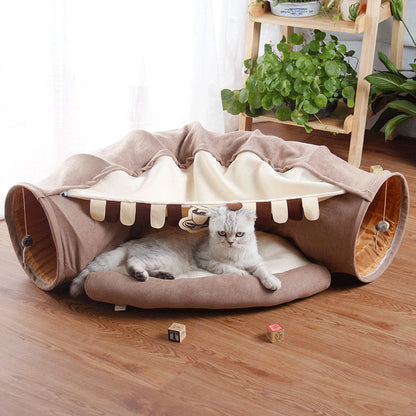Foldable Cat Tunnel Bed with Cozy Mat – 2-in-1 Play Tunnel & Sleeping Nest for Cats and Kittens, Non-Slip Bottom